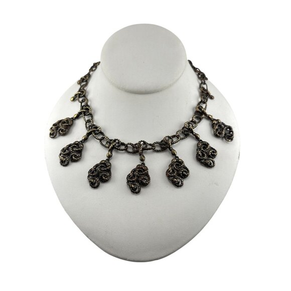 Vintage Brutalist Bronze Statement Necklace Textured Chain Dangle Pendant Choker - Picture 4 of 8